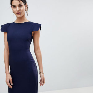 Vesper Pencil Dress With Scallop Sleeve - Navy