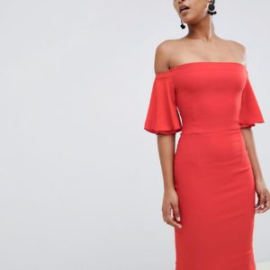 Vesper bardot midi dress with frill sleeve - Red