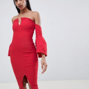 Vesper bell sleeve pencil dress with front split - Red