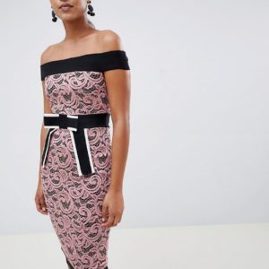 Vesper contrast lace pencil dress with bow detail - Pink