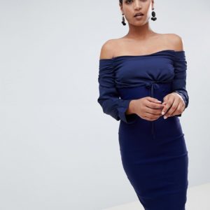 Vesper long sleeve bardot dress with tie detail - Navy