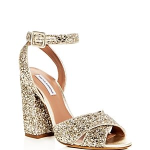 Tabitha Simmons Women's Connie Glitter Ankle Strap High Block Heel Sandals