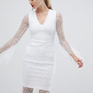 Vesper allover lace pencil dress with fluted sleeve in white - White