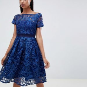 Vesper capped sleeve lace skater dress - Navy