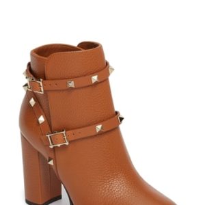 Women's Valentino Garavani 'Rockstud' Block Heel Bootie, Size 10US / 40EU - Brown