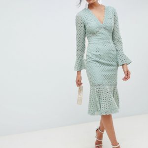 ASOS DESIGN broderie lace v neck fluted sleeve midi dress - Green