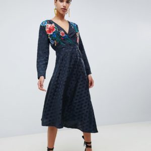 ASOS DESIGN jacquard wrap midi dress with long sleeves and embroidery - Black