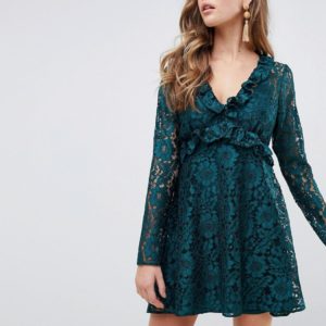 ASOS DESIGN lace v neck mini smock dress with long sleeves - Green