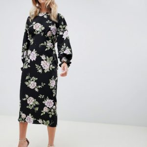 ASOS DESIGN midi dress in vintage floral with long sleeves - Multi