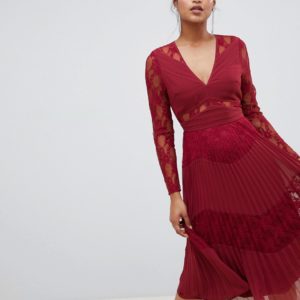 ASOS DESIGN pleated lace insert midi dress with long sleeves - Red