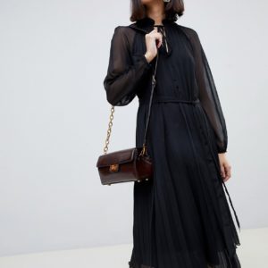 ASOS DESIGN pleated trapeze midi dress with long sleeves - Black