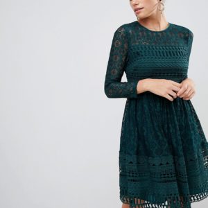 ASOS DESIGN premium lace mini skater dress with long sleeves - Green