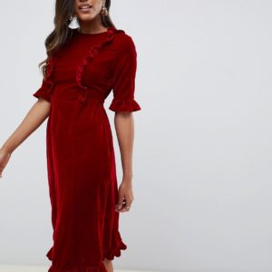 ASOS DESIGN velvet midi dress with ruffles - Red