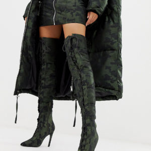 ASOS DESIGN x LaQuan Smith padded over the knee heeled boot in camo jacquard - Multi