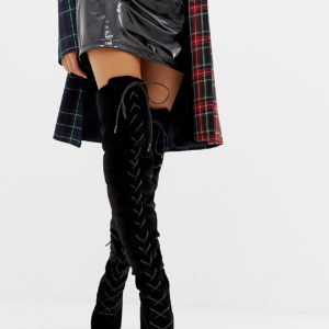 ASOS DESIGN x LaQuan Smith padded over the knee heeled boot in velour - Black