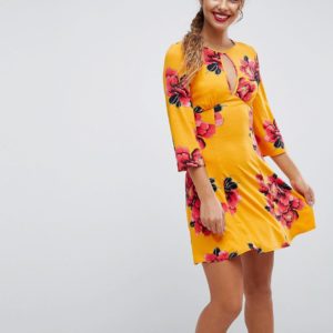 ASOS Mini Tea Dress With Fluted Sleeves In Orchid Print - Multi