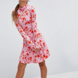 ASOS Turtleneck Mini Dress With Godets In Floral Print - Multi