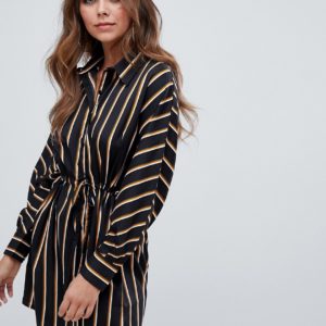 Boohoo tie waist shirt dress in black stripe - Multi