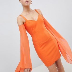 Club L Angel Wing Chiffon Scuba Bodycon Dress - Orange