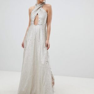 Club L Cross Front Wrap Over Full Embellished Sequin Maxi Dress With Slit Detail - Gold