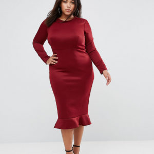 Club L Plus Office Long Sleeve Detailed Dress w. Peplum Frill Hem Bodycon Midi Dress - Red