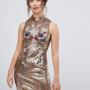 Hope & Ivy sleeveless sequin mini dress with chinoisery embroidery in gold - Gold