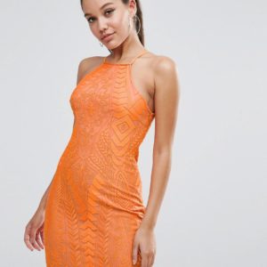 Love Triangle All over Lace Strappy Back Mini Bodycon Dress - Orange