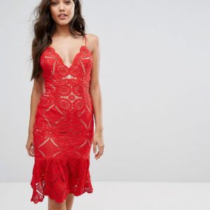 Love Triangle Allover Lace Pencil Dress With Fluted Hem Detail - Red