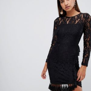 Love Triangle open back lace bodycon dress with tassel skirt detail in black - Black