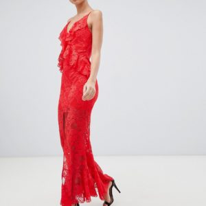 Love Triangle ruffle lace maxi dress with cross back in red - Red