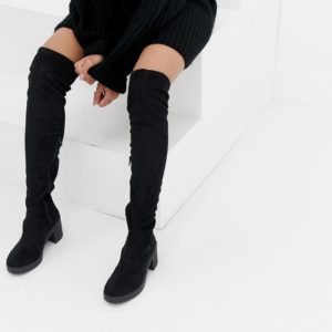 Miss Selfridge over the knee chunky heel boots in black - Black