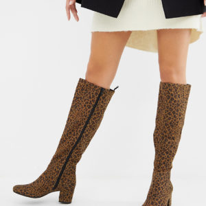 Monki knee high heeled boot in leopard print - Multi