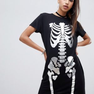 PrettyLittleThing Halloween Mesh Skeleton Foil Dress - Black