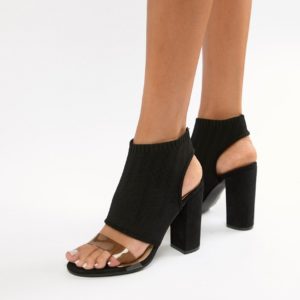 PrettyLittleThing clear strap cut out block heeled sandals in black - Black