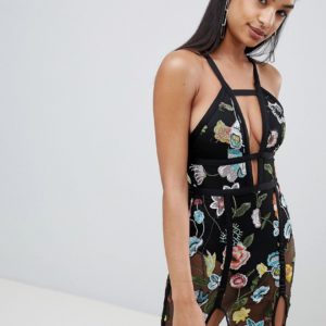 Rare London embroidered flower strap mini dress - Black