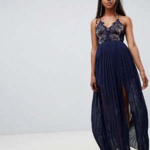 Rare London eyelash lace plunge pleated maxi dress - Navy