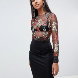 Rare London floral embroidered mesh midi dress - Black