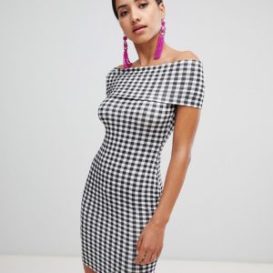 Rare London gingham printed bardot midi dress - Black