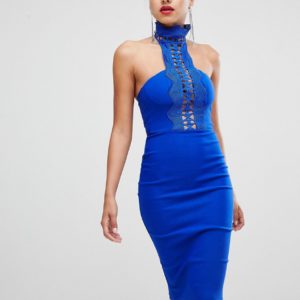 Rare London high neck crochet detail pencil dress - Blue