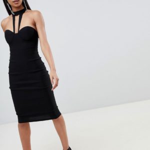 Rare London high neck detail midi dress - Black