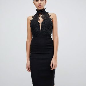 Rare London high neck lace midi dress - Black