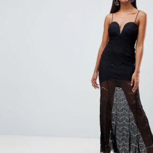 Rare London lace illusion plunge maxi dress - Black