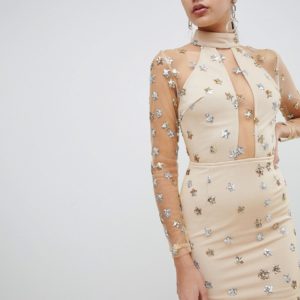 Rare London mesh and sequin star mini dress - Beige