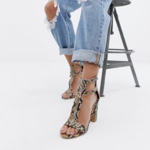 Simmi London snake print zip up detail block heel sandals - Beige