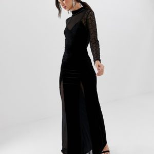 TFNC high neck sleeve sheeve maxi dress with lace detail - Black