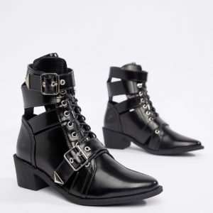 Truffle Collection Lace Up Pointed Ankle Boots - Black