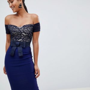 Vesper bardot midi dress with contrast lace - Navy