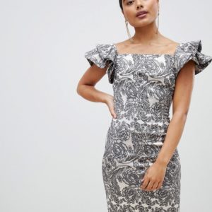 Vesper paisley frill sleeve midi dress - Silver