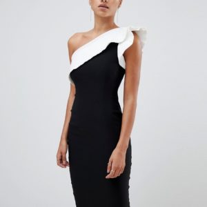 Vesper pencil dress with exaggerated sleeve in color block - Black