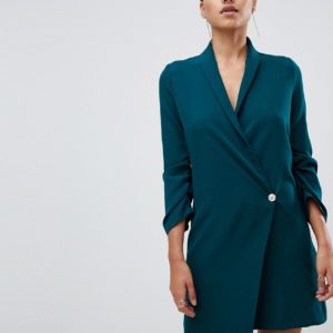 Vesper ruched sleeve asymmetric hem tuxedo dress in green - Green